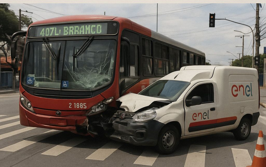 Acidente entre ônibus e veículo da Enel ocorre em Guaianases
